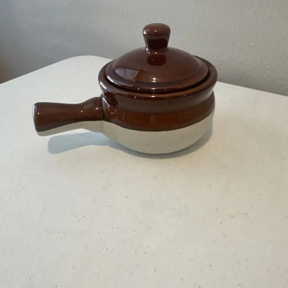 Individual Covered Casserole Dish Pottery Crock with Handle 3 Tone Brown Vintage